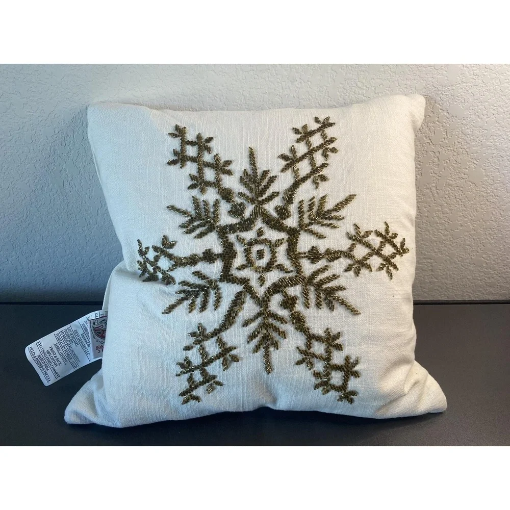 Devi Designs Cotton Throw Pillow White w/ Gold Snowflake Design & Feather Fill